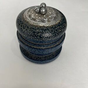 Vintage Hand Turned Mango Wood Trinket Box Hand‎ Tooled Metal Thailand